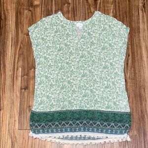 J. Jill women’s medium 10 12 top tunic Green White Floral pattern split neck